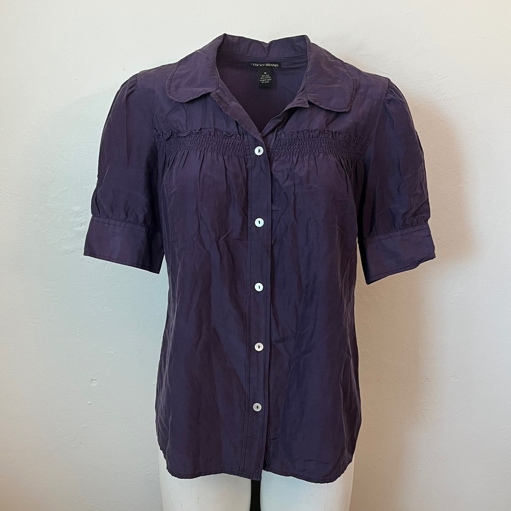 Lucky Brand Purple Silk Cotton Smocked Ruffle Button Down Blouse Medium